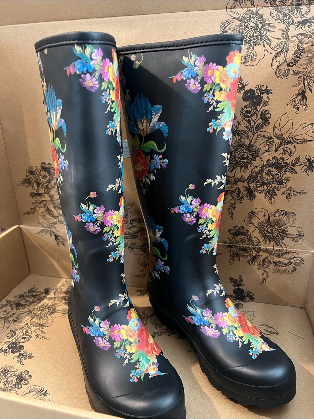 NWT Mackenzie Childs Women’s Black Floral Rain Boots - Elegant Waterproof Style